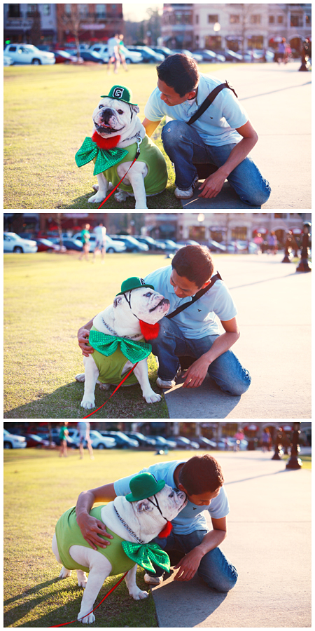 Photo of a Young man with a Smiling Bulldog Dressed in Irish Novelty Gear